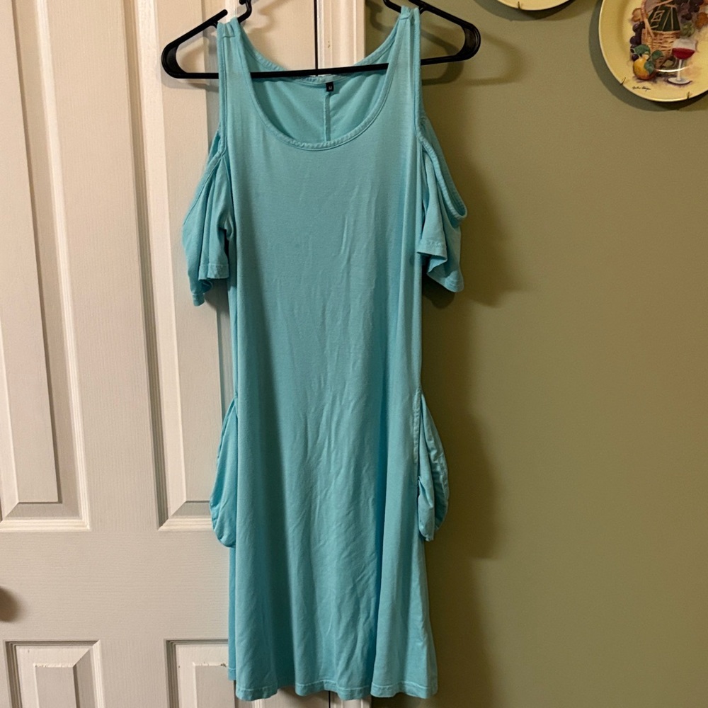 Aqua Cold Shoulder Dress With Pockets